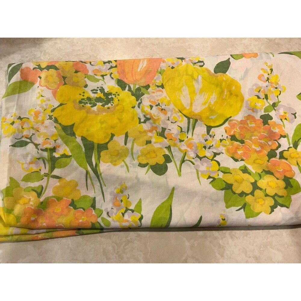 VTG Cannon No Iron Full Fitted Sheet 70s Tulips Floral Orange Yellow Green Craft